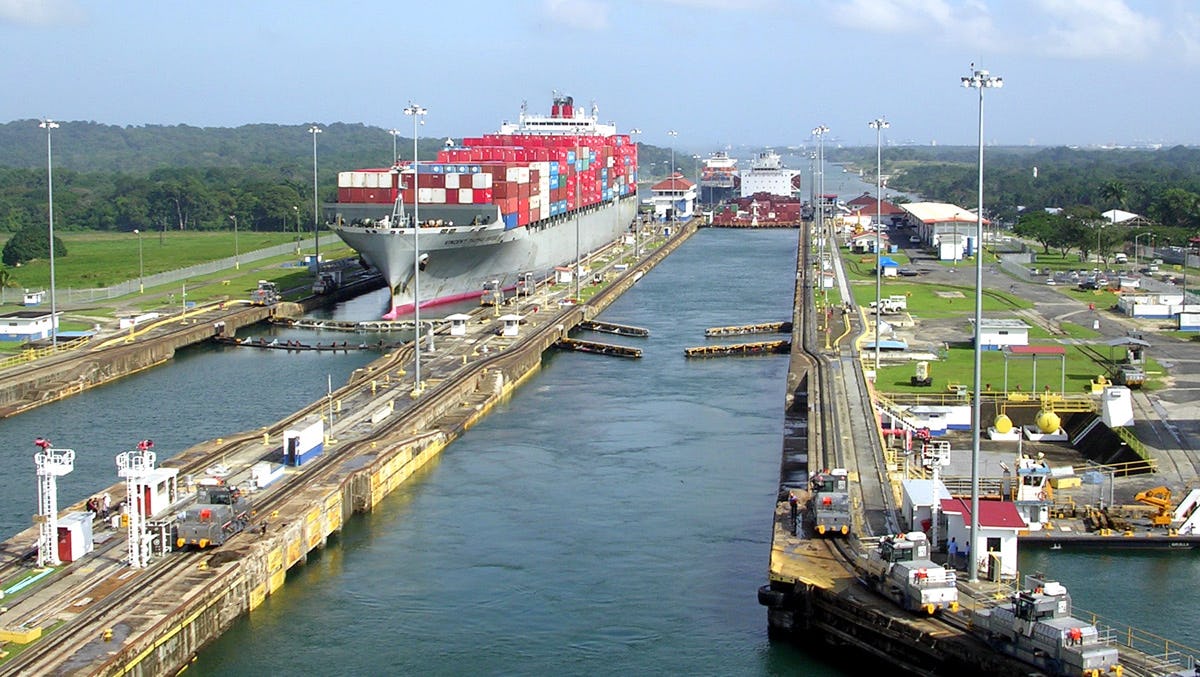A Panamax container vessel traverses a canal lock on Lake Gatun in 2008