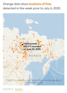 A map of eastern Russia showing many orange dots to represent wildfires