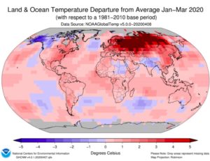 A world map showing temperature patches in different colors