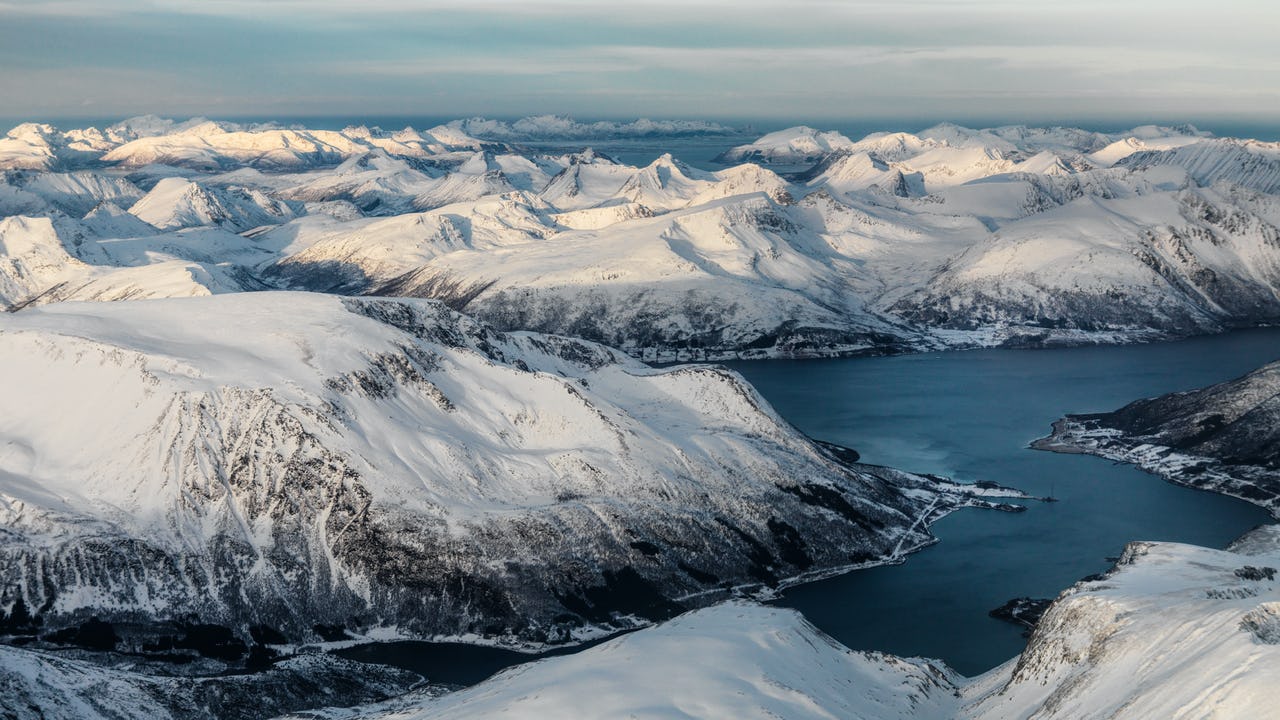 Winter landscape of Lofoten, Norway, photographed from the air