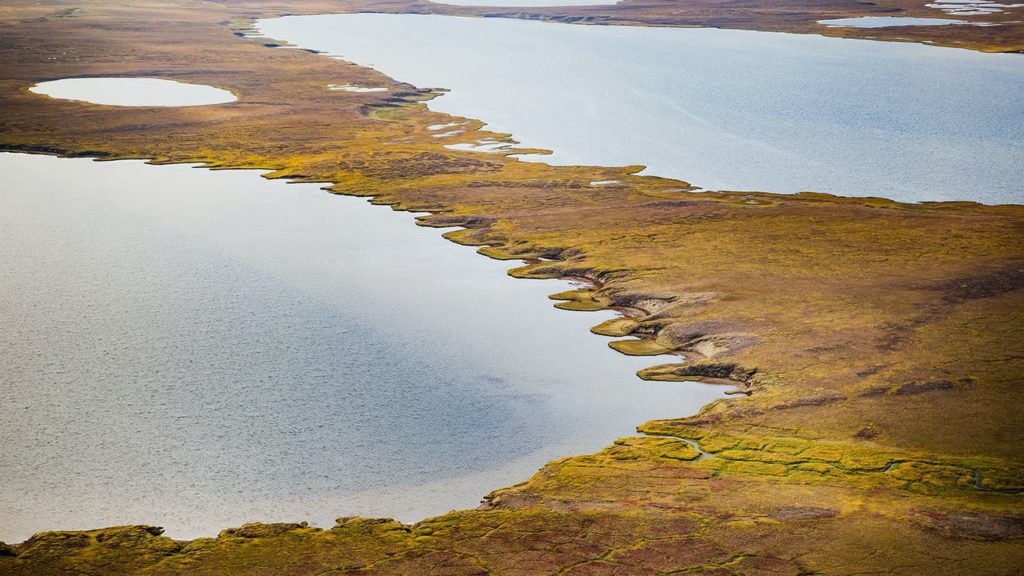 A body of water surrounded by green land