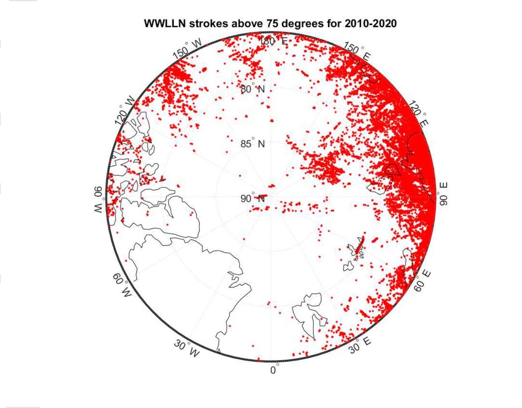 Simple Arctic map in black and white showing numerous red dots that show the distribution of high latitude lightning