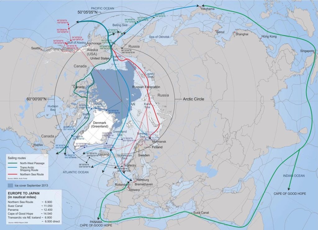 Map showing the Arctic shipping routes in various colours as compared to the Suez route