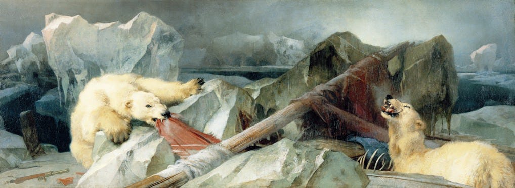 Oil painting showing two polar bears among the scattered wreckage of a ship with Arctic icebergs in the background