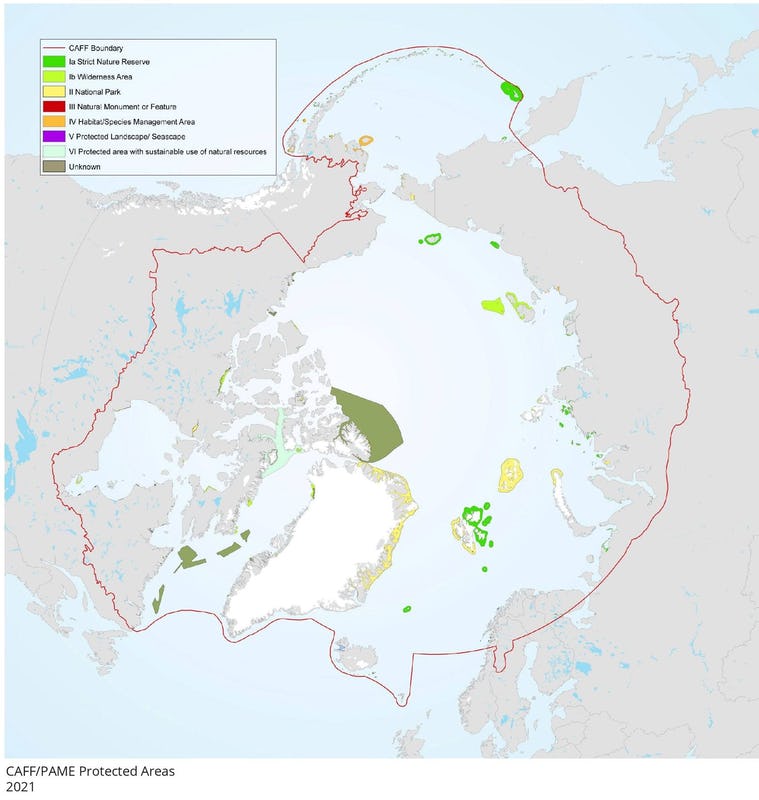 Map of the Arctic Ocean showing in various colours marine protected areas (MPAs)