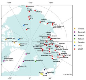 Northern Hemisphere Arctic map showing locations of International Geophysical Year Research stations of Canada, Denmark, Finland, Poland, Sweden, U.S.A., and U.S.S.R.