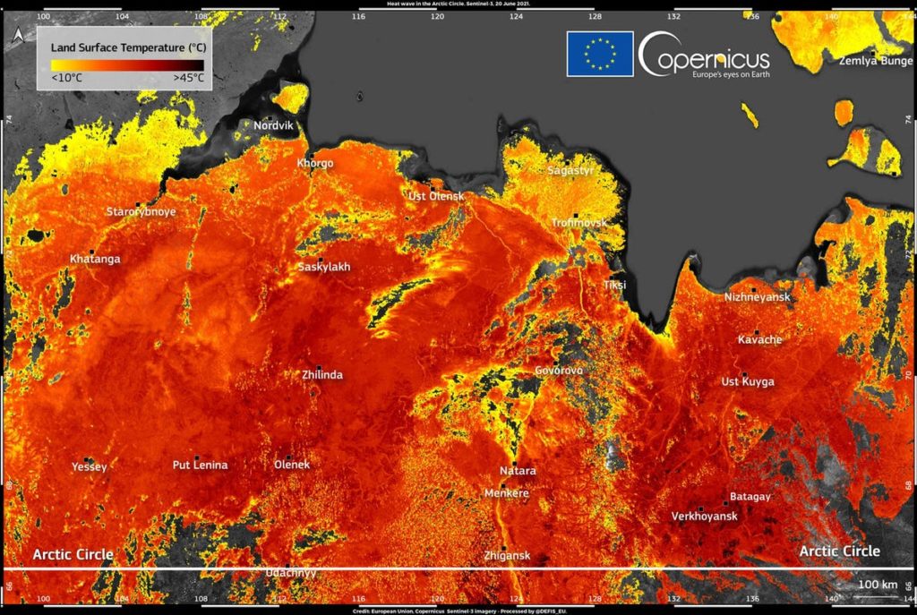 Map of the Russian Arctic showing in various colours (from yellow to red) the increase in temperature