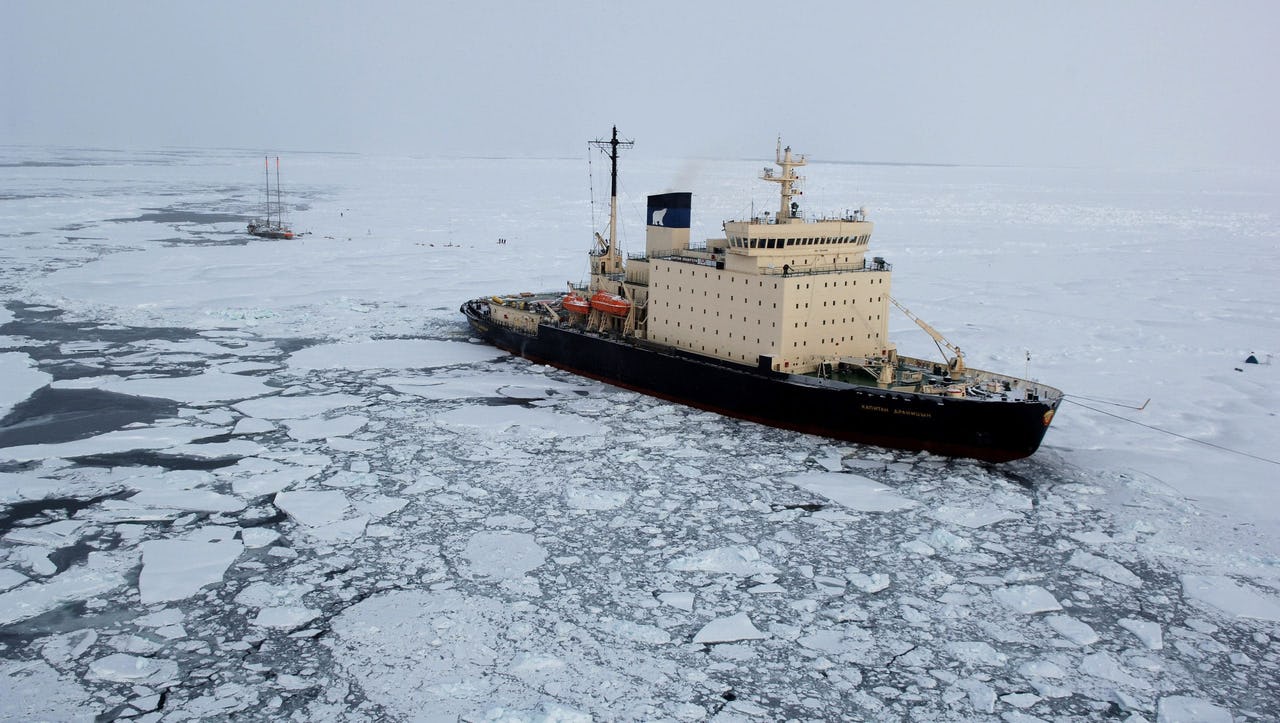 A Russian ship traversing the icy Arctic Ocean