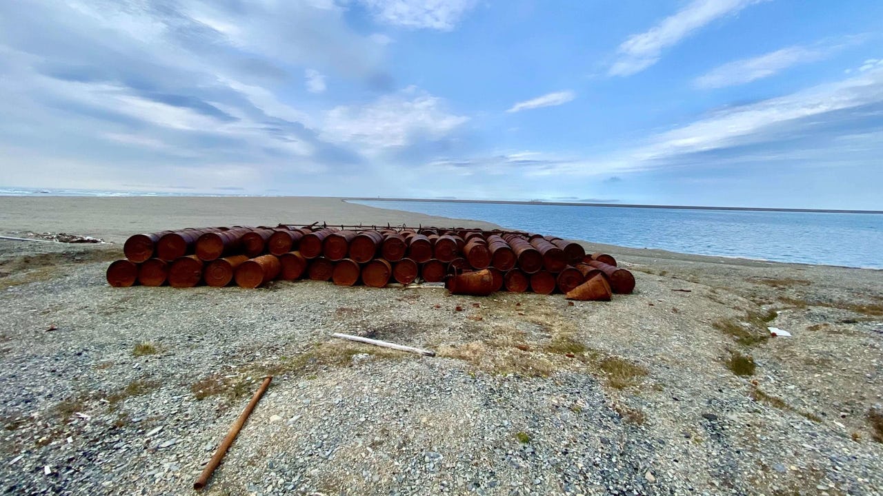Rusty fuel drums are on the coast of Wrangel Island