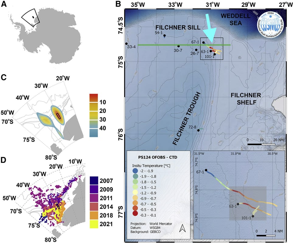 Various maps showing location of icefish breeding colony