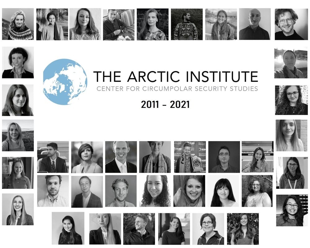 Multiple square black and white portraits of men and women smiling and looking at the camera with a logo at the centre saying “The Arctic Institute Center for Circumpolar Security Studies 2011-2021”
