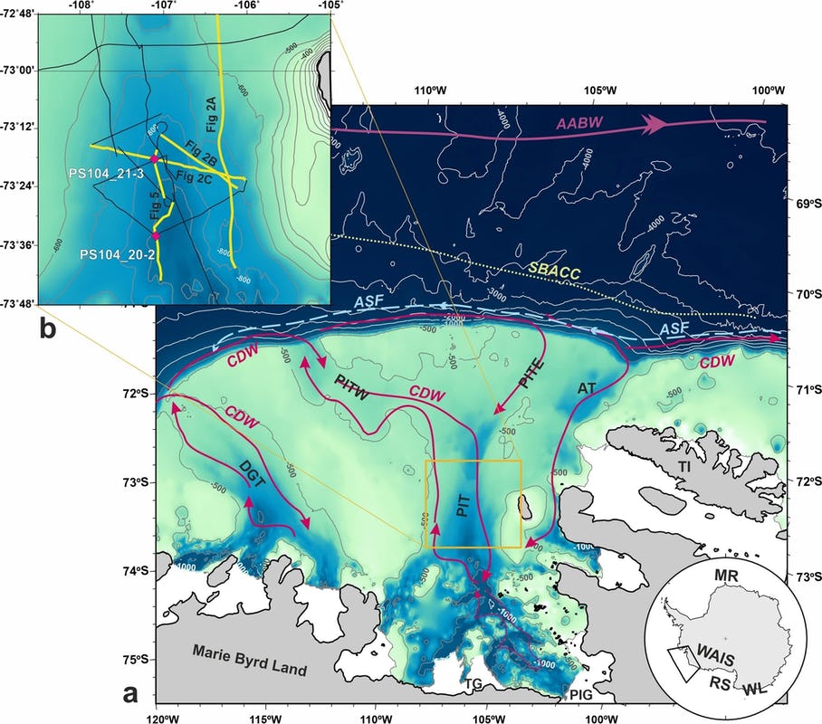 bathymetric map in various colours (green to blue) showing currents and water masses in Antarctic