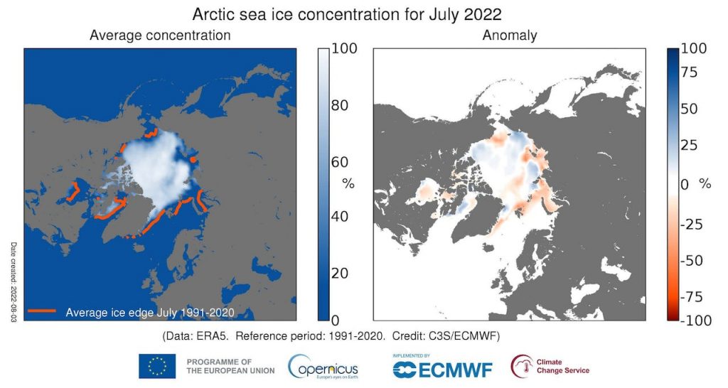 Two maps showing the Arctic's sea ice concentration