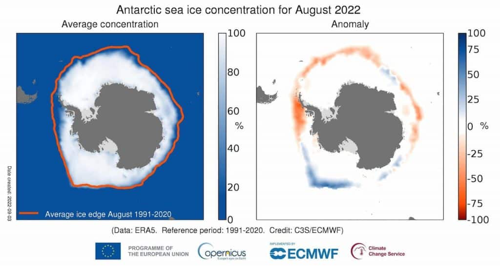 Two maps showing Antarctica's sea ice concentration