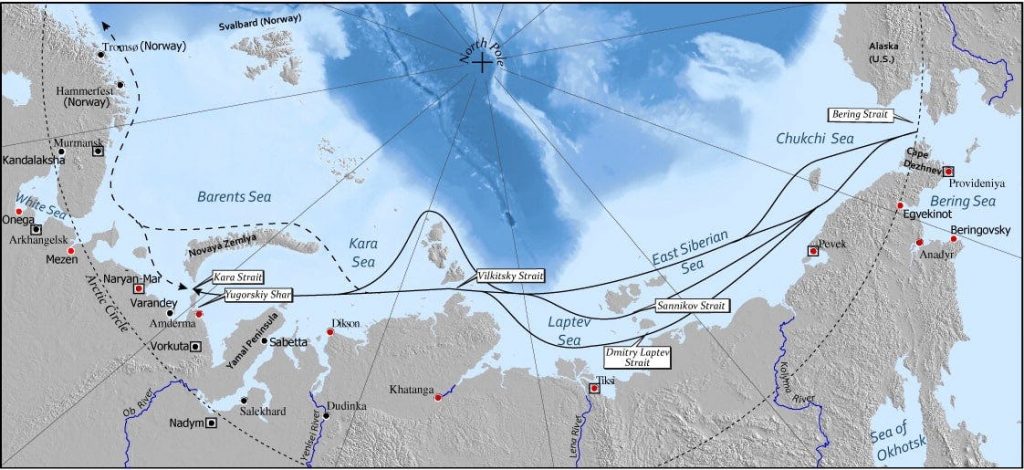 Map of the Russian Arctic coast, showing the main straits within the Northern Sea Route