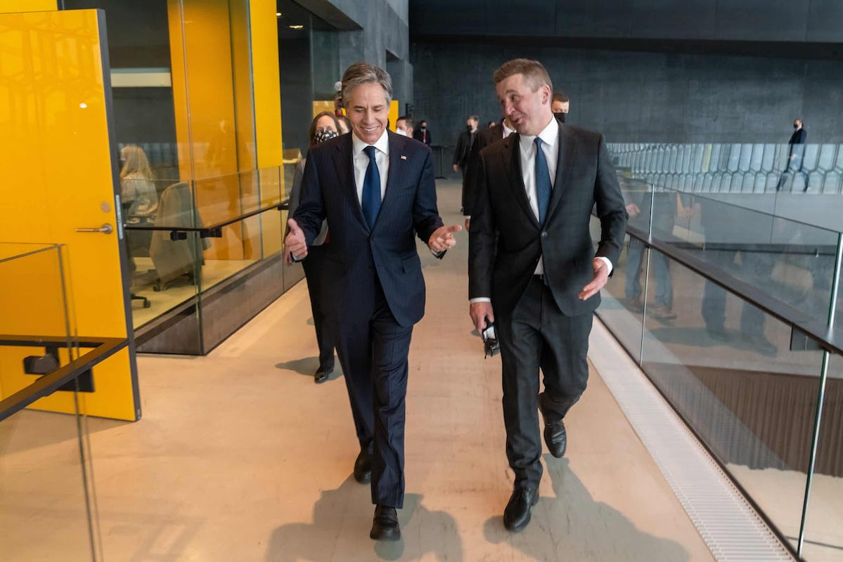 U.S. Secretary of State Antony J. Blinken talking and walking in Reykjavík conference center Harpa