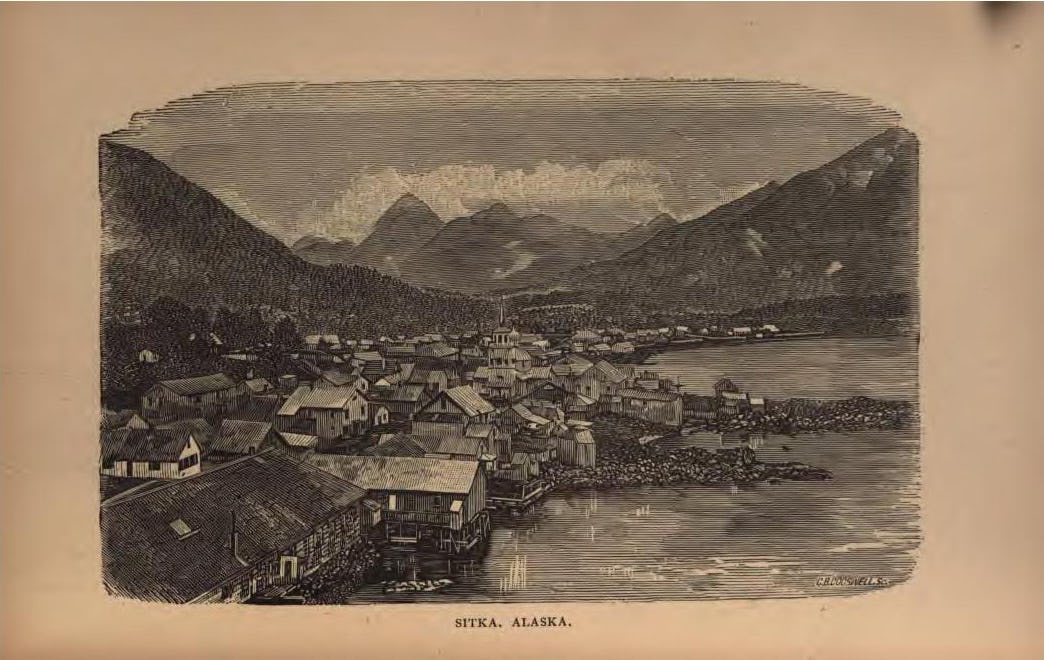 A historic view of Sitka, Alaska, from the 1870s