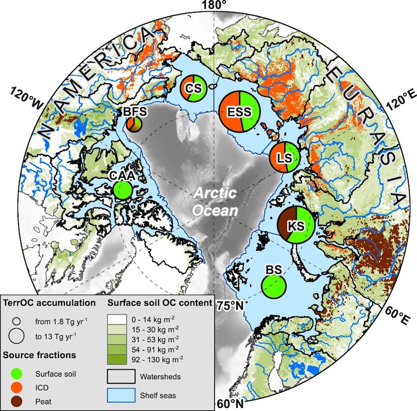 Map of the Arctic showing in various colours and shades terrestrial carbon release