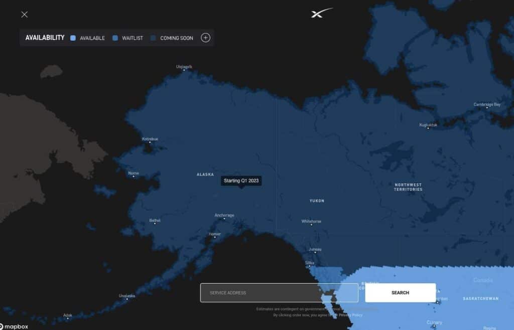 Map of Alaska and bordering Northern Canada showing in various shades of blue the coverage of the satellite inernet service Starlink