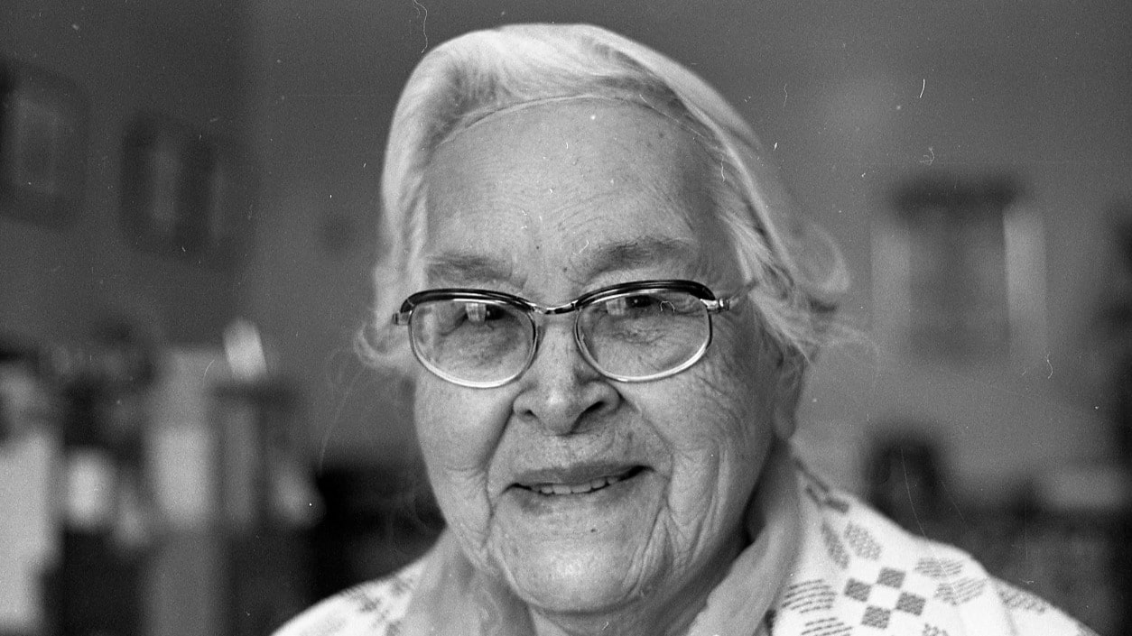 Black and white portrait photo of Elizabeth Goudie, author of Woman of Labrador, in 1977