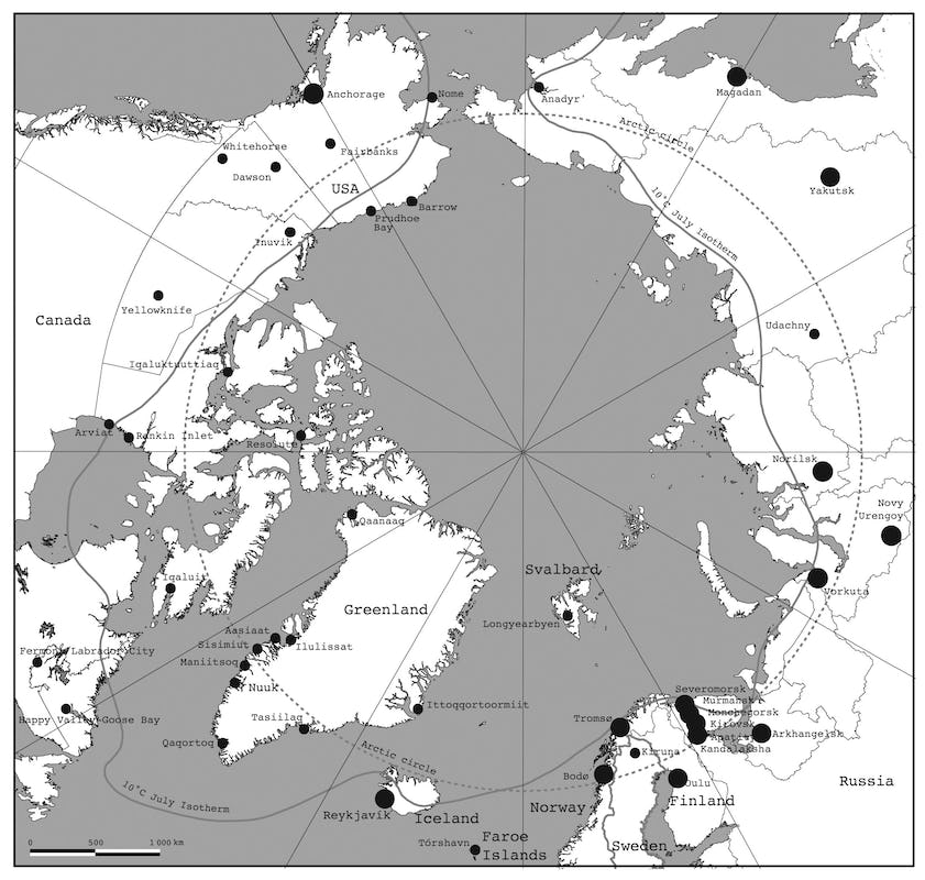 Map in black and white showing major cities in the Arctic