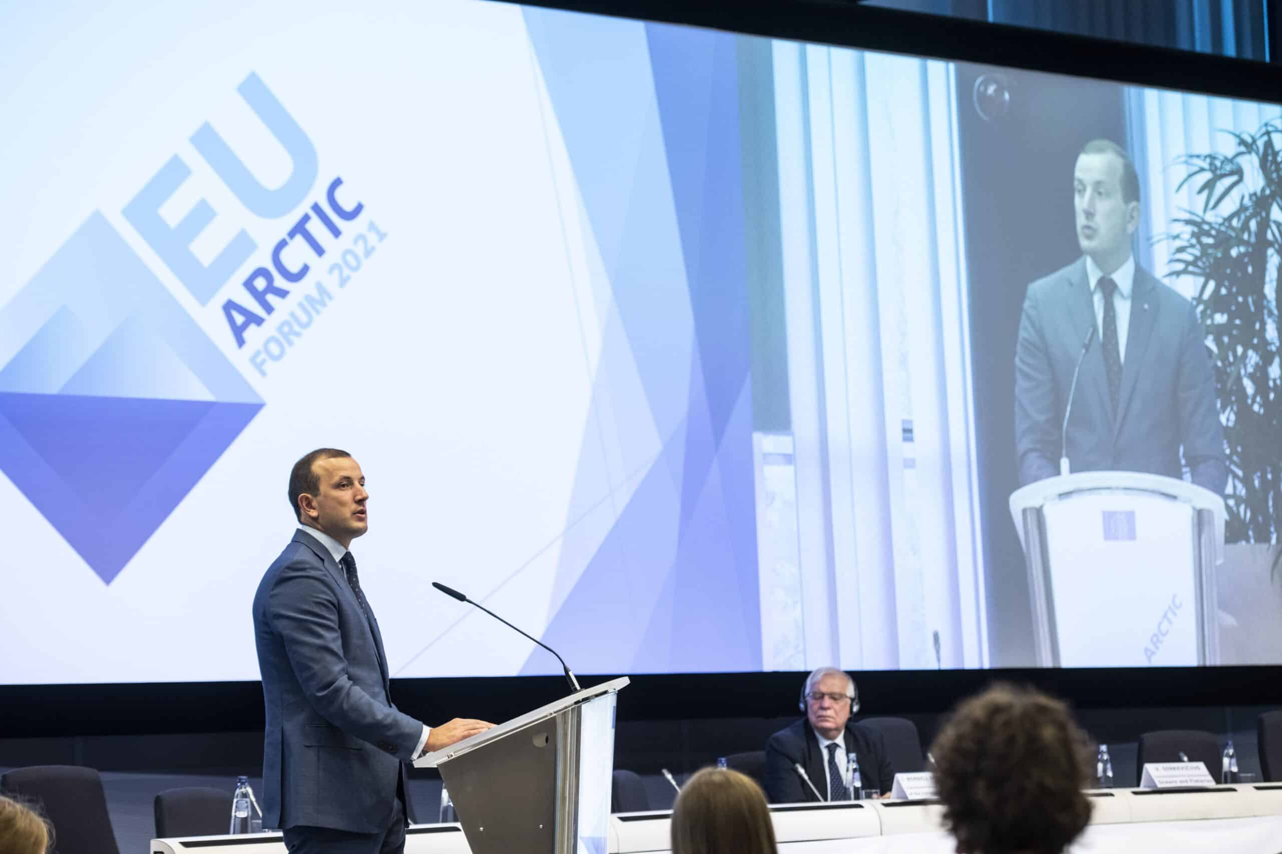 Virginijus Sinkevičius, at the podium at the EU Arctic Forum 2021