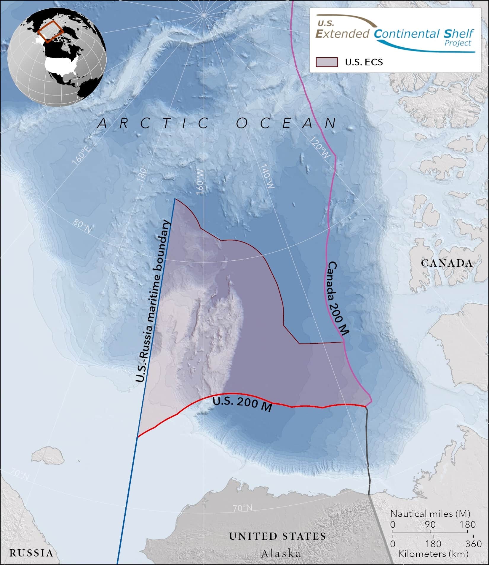 Zoomed-in version of the U.S. Arctic extended continental shelf claim showing parts of Russia, the U.S. and Canada