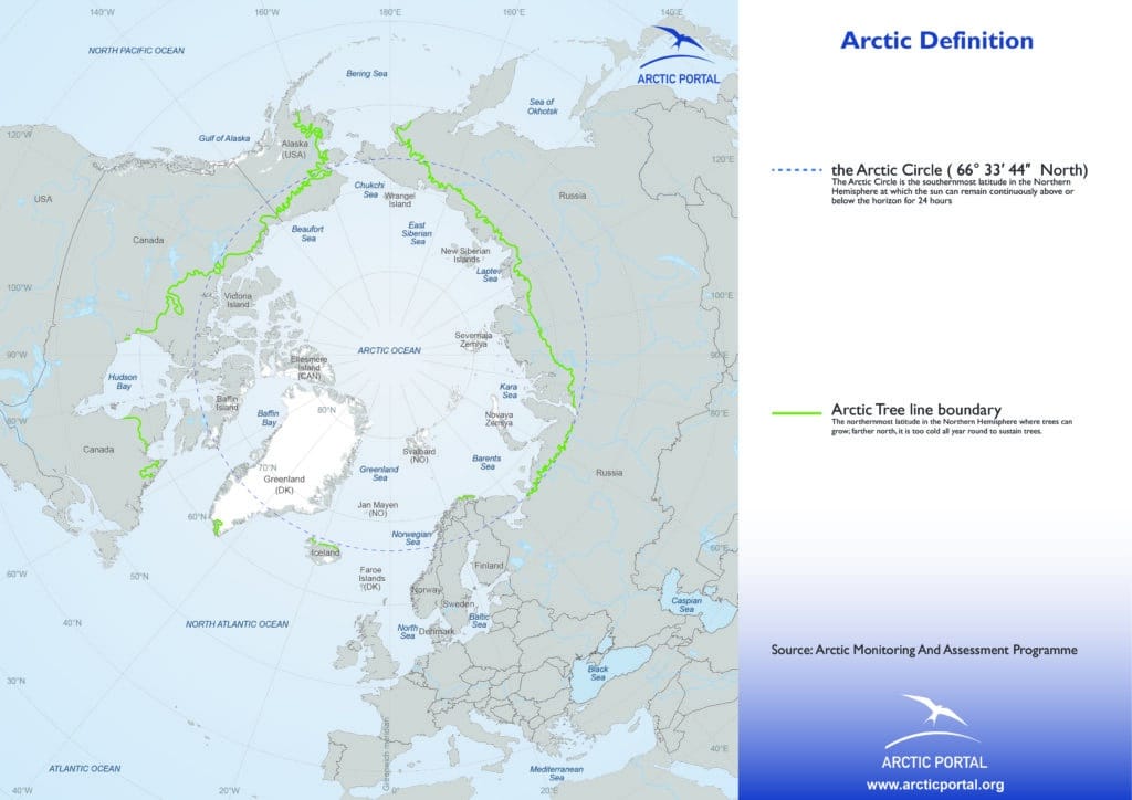 Map of the Arctic highlighting the Arctic tree line boundary with a green line