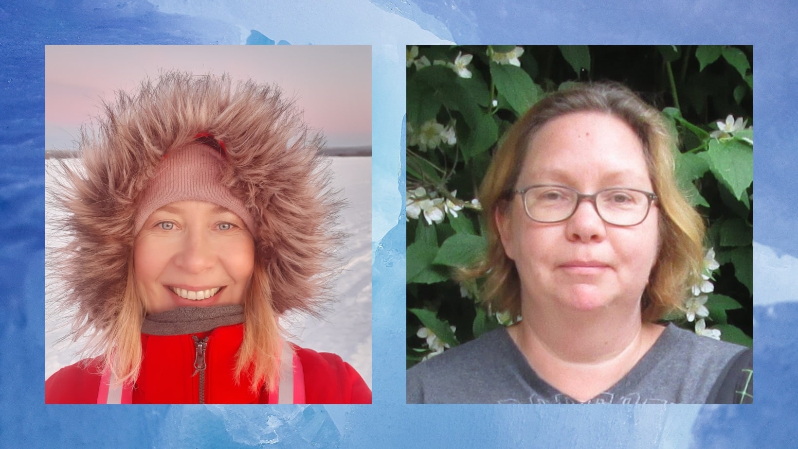 Two female portrait photographs on a blue background