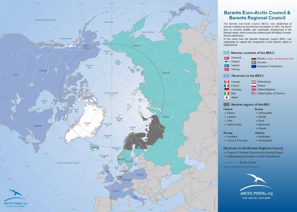 A multicolored visualization of the Arctic showing members and observers of the Barents Euro-Arctic Council