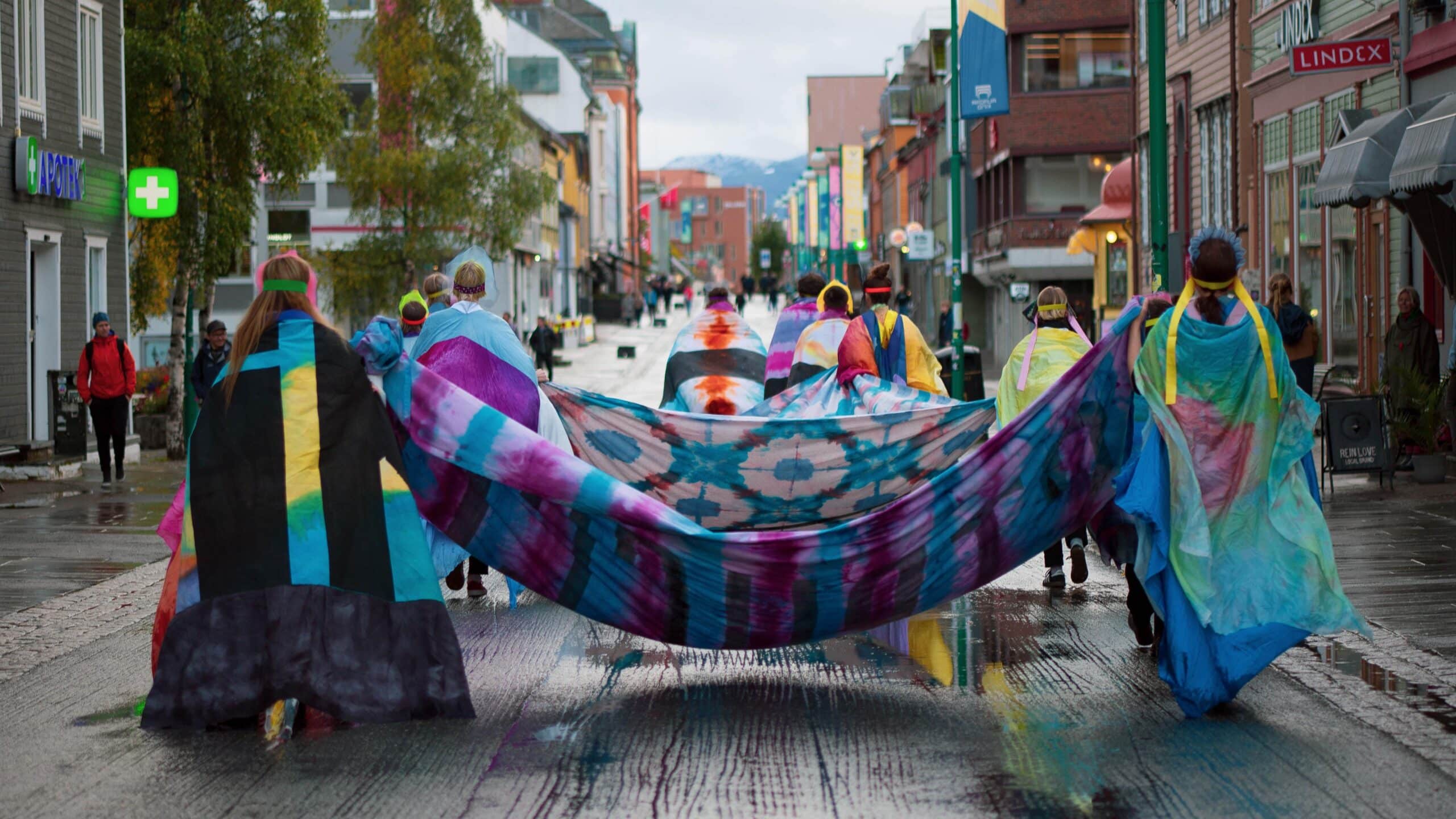 Artists performing in Storgata, Tromsø Center, as part of the 2021 edition of the Open Out festival