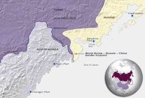 A map showing in various colours China, North Korea and Russia highlighting the tripoint of the three countries