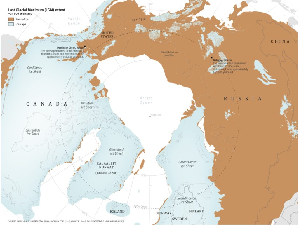 Map showing Arctic permafrost and ice cap coverage during the Last Glacial Maximum, circa 25,000 years ago
