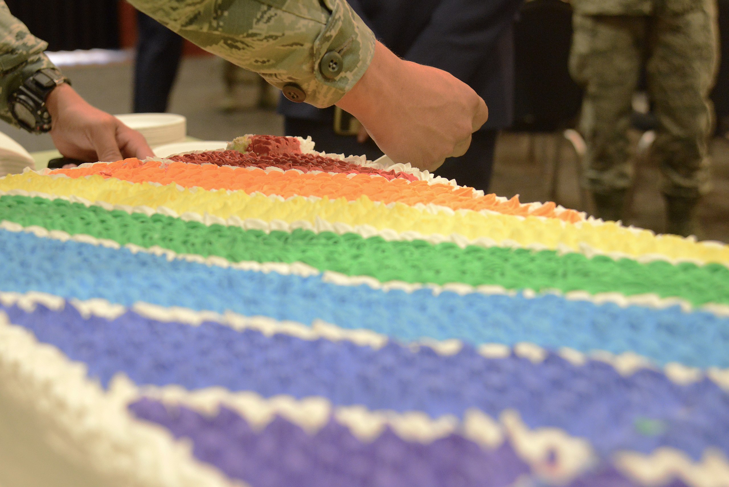 Someone cutting a rainbow cake into pieces which is shared at the end of the first Lesbian, Gay, Bisexual and Transgender Pride Month observance on Joint Base Elmendorf-Richardson in Alaska