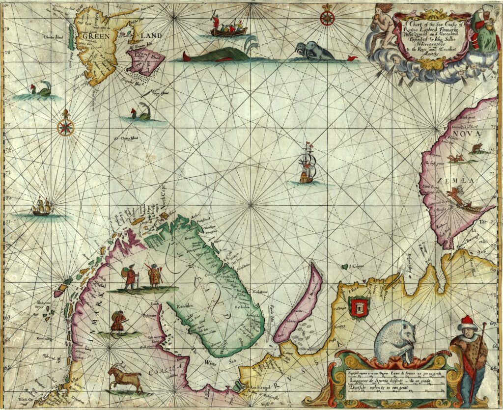 A 17th-century depiction of the Arctic, featuring an early representation of Father Christmas and other polar decorations