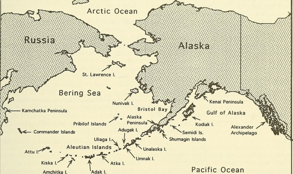 A black-and-white map of Russia, Alaska, and the Aleutian islands in between