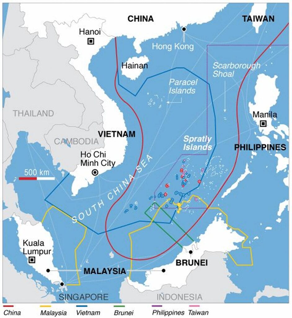 A map of overlapping sovereignty claims in the South China Sea