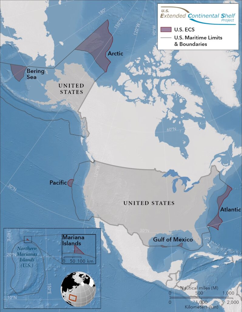 A map of the limits of the U.S. extended continental shelf in various regions