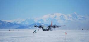 US Air Force flight with ski on landing in snow-covered Greenland