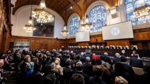 The International Court of Justice (ICJ) courtroom at the Peace Palace in The Hague