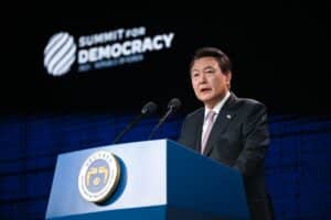 President Yoon Suk Yeol delivering a keynote speech at the 2nd Summit for Democracy on March 30, 2023