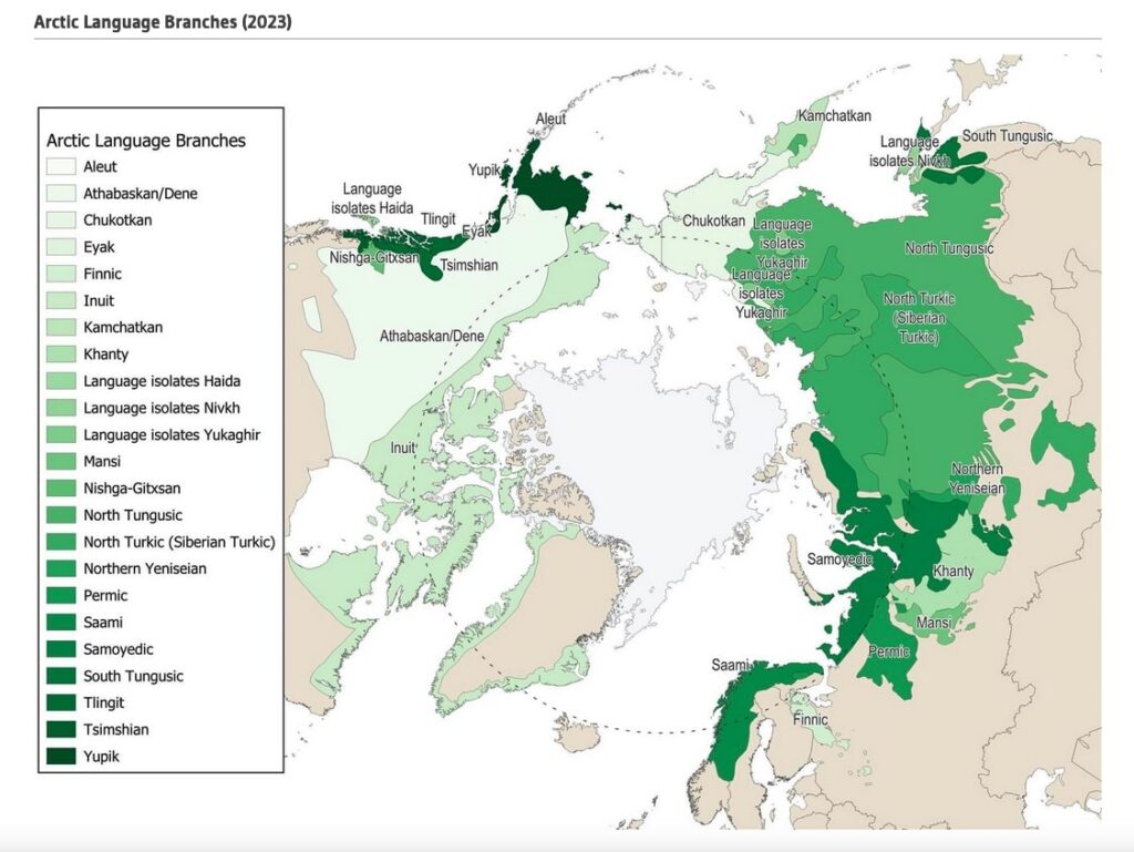 Map of the Arctic highlighting in various shades of green the Arctic indigenous language branches