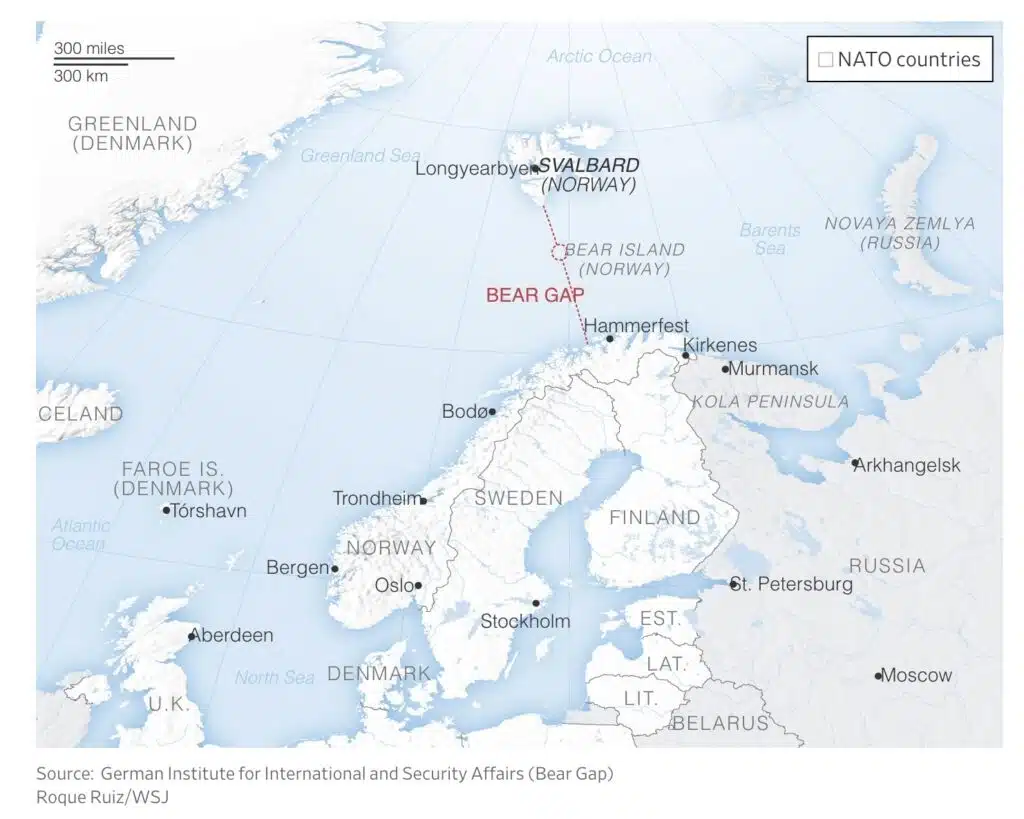 Arctic map showing the the strategically critical Bear Gap between Norway and Svalbard