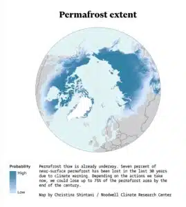 A map of the circumpolar Arctic illustrating the extent of permafrost in the region with light blue representing low probability of permafrost and darker blue representing high probability of permafrost
