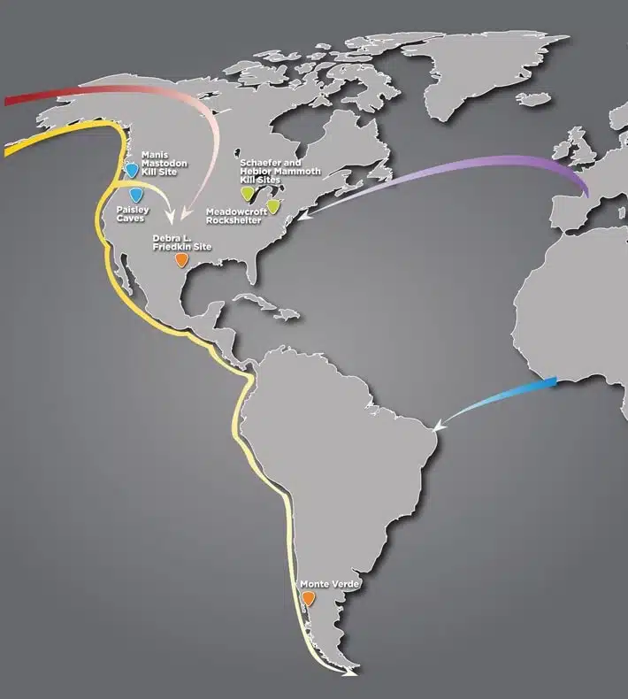 Map showing first migration routes to the Americas