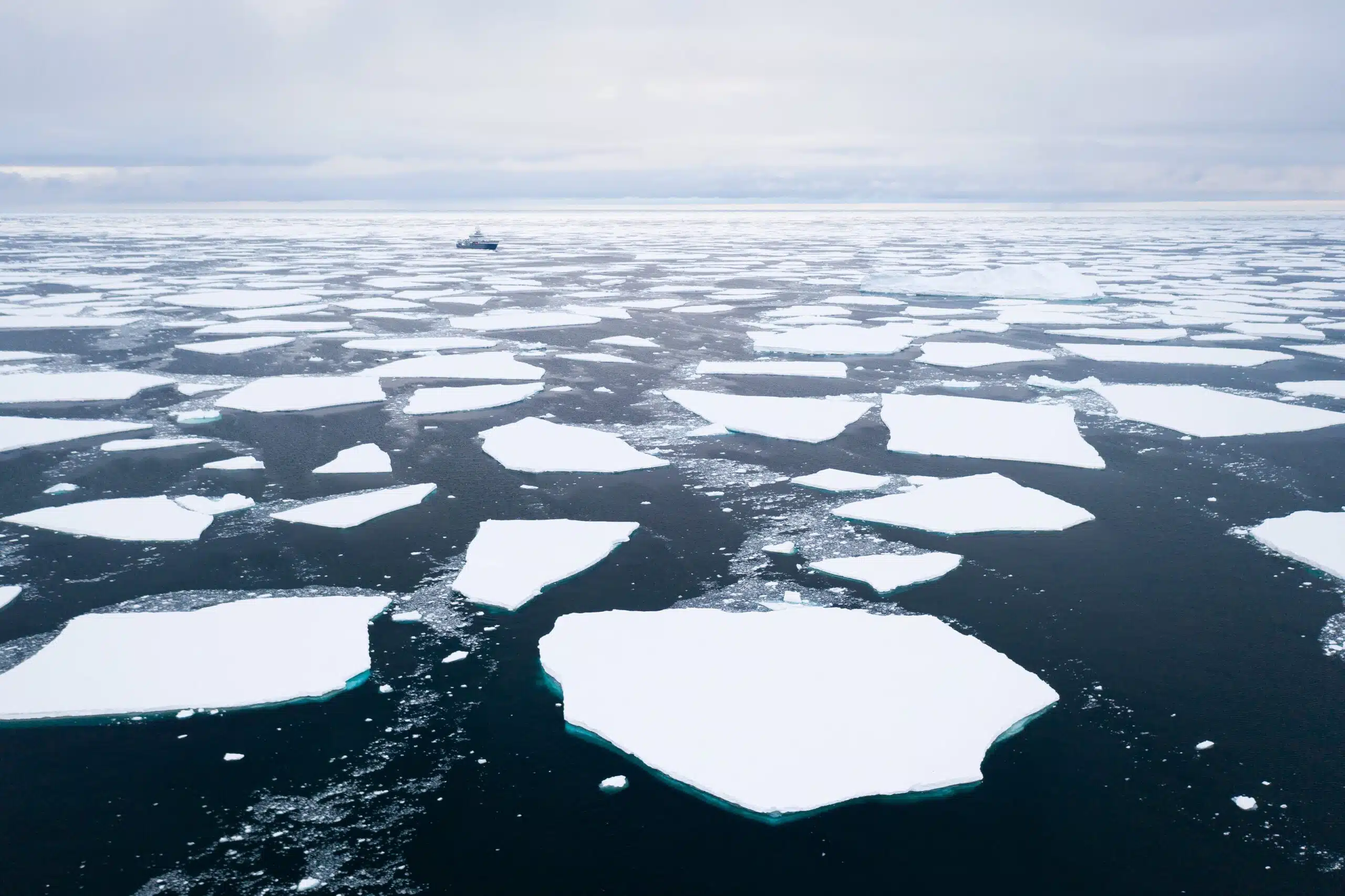 A solitary ship traversing the scattered sea ice