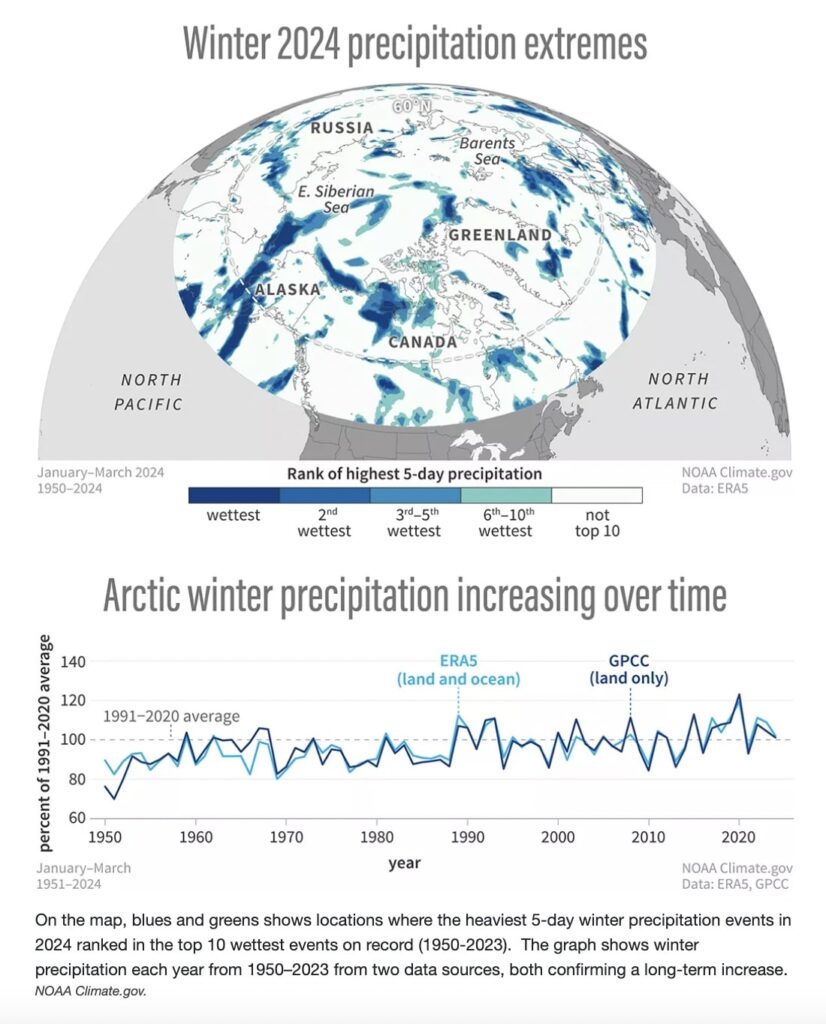 Map showing the 2024 Arctic winter precipitation highs