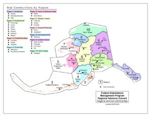 A map of the U.S. Federal Subsistence Management Program Regional Advisory Council Regions and hub communities as established by ANILCA in 1980