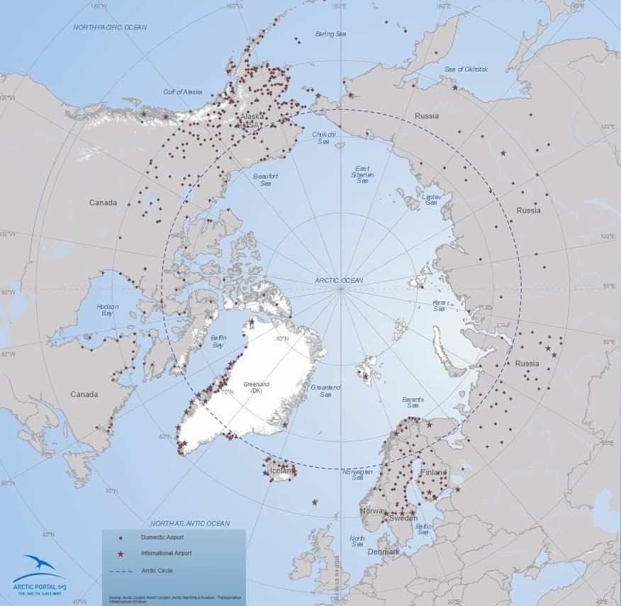Map showing aiports in the Arctic