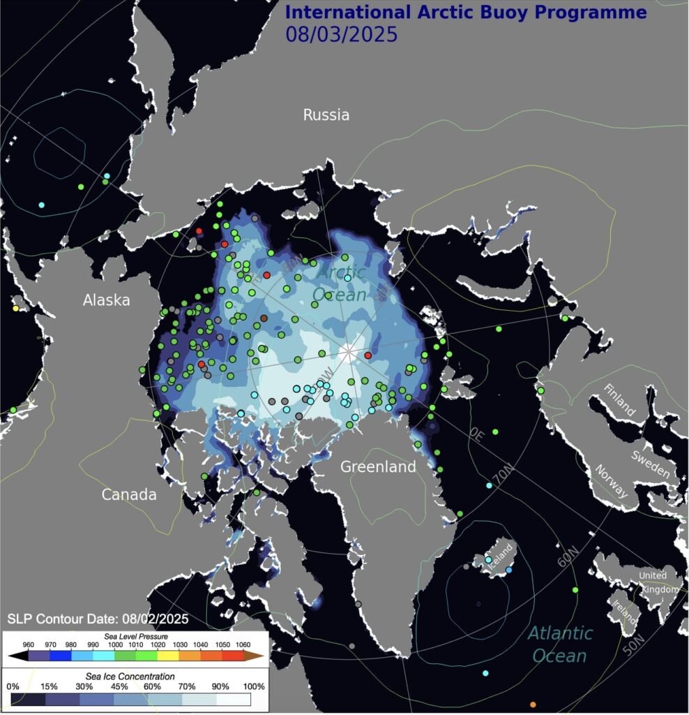 Arctic Map showing the location of various buoys helping to showcase Arctic sea level pressure as of early August 2025